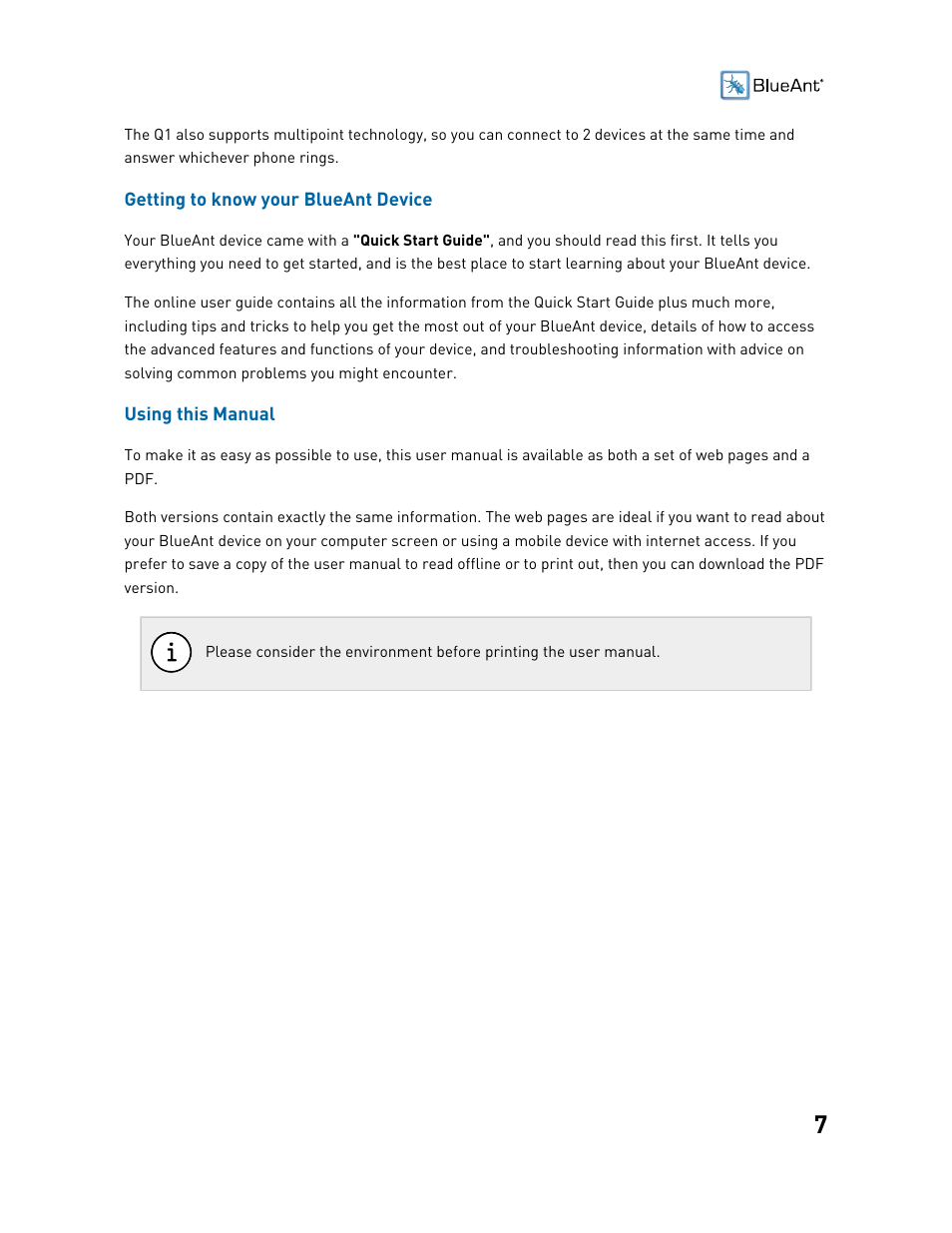 BlueAnt Q1 Voice Controlled Headset User Manual | Page 7 / 42
