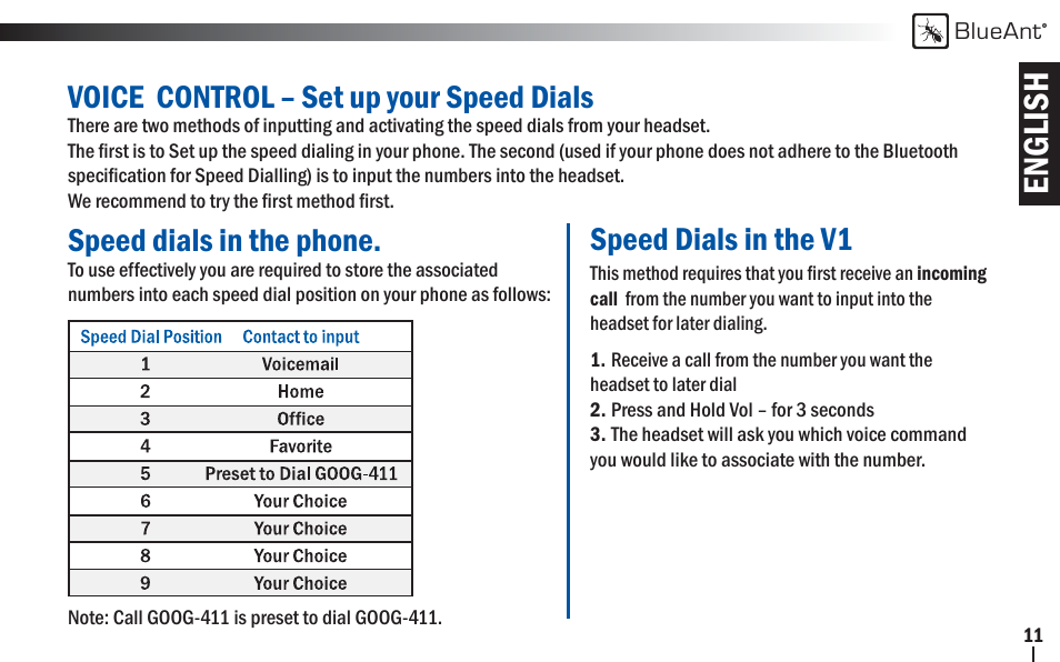 English, Speed dials in the v1, Voice control – set up your speed dials | Speed dials in the phone | BlueAnt V1x Voice Controlled Headset User Manual | Page 11 / 28