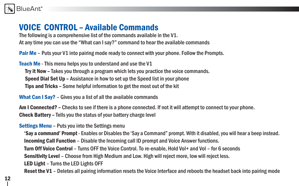 Voice control – available commands | BlueAnt V1x Voice Controlled Headset User Manual | Page 12 / 28
