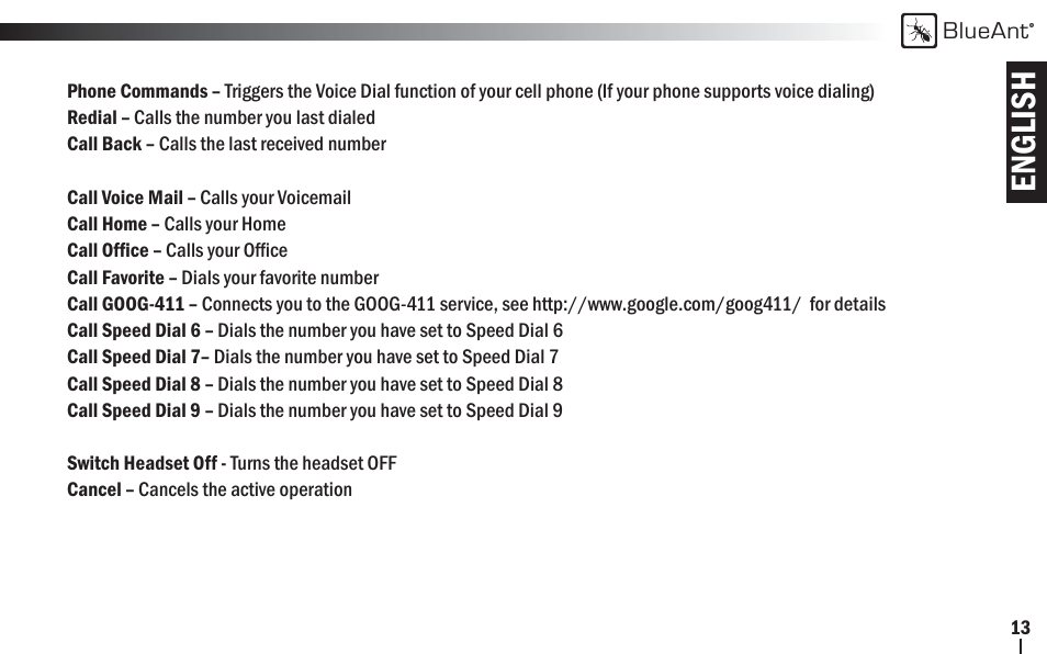 English | BlueAnt V1x Voice Controlled Headset User Manual | Page 13 / 28