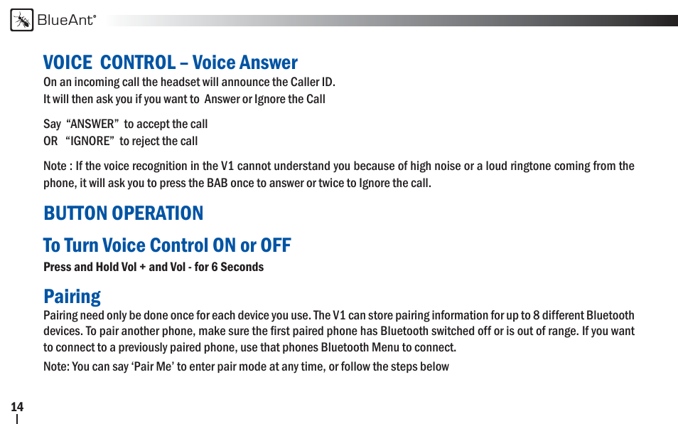 Voice control – voice answer, Button operation to turn voice control on or off, Pairing | BlueAnt V1x Voice Controlled Headset User Manual | Page 14 / 28