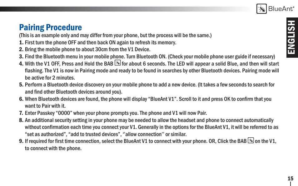 English, Pairing procedure | BlueAnt V1x Voice Controlled Headset User Manual | Page 15 / 28