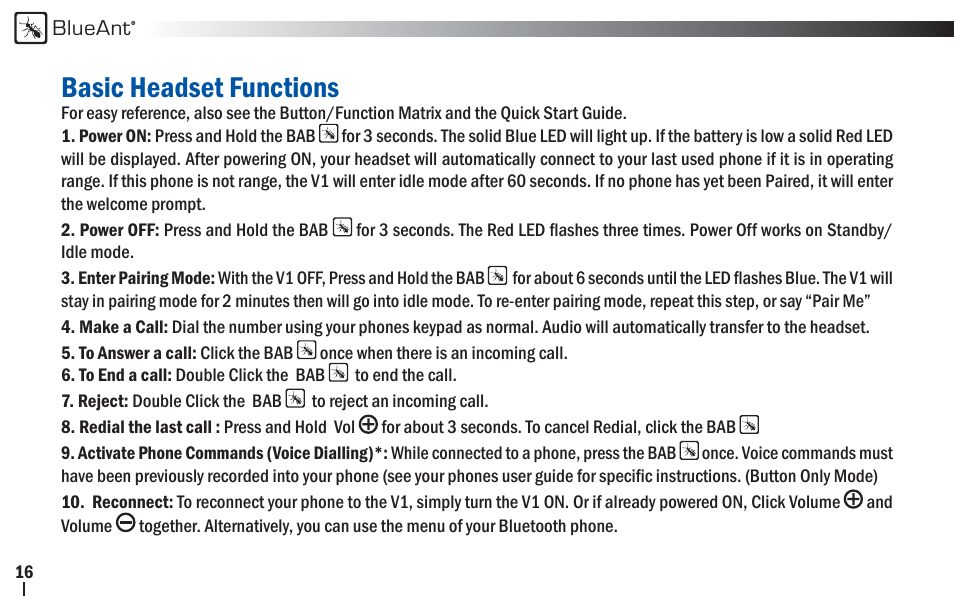 Basic headset functions | BlueAnt V1x Voice Controlled Headset User Manual | Page 16 / 28