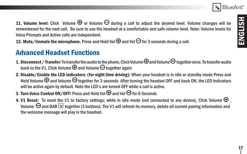 English, Advanced headset functions | BlueAnt V1x Voice Controlled Headset User Manual | Page 17 / 28