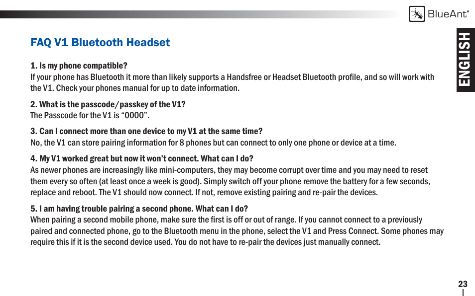 English | BlueAnt V1x Voice Controlled Headset User Manual | Page 23 / 28