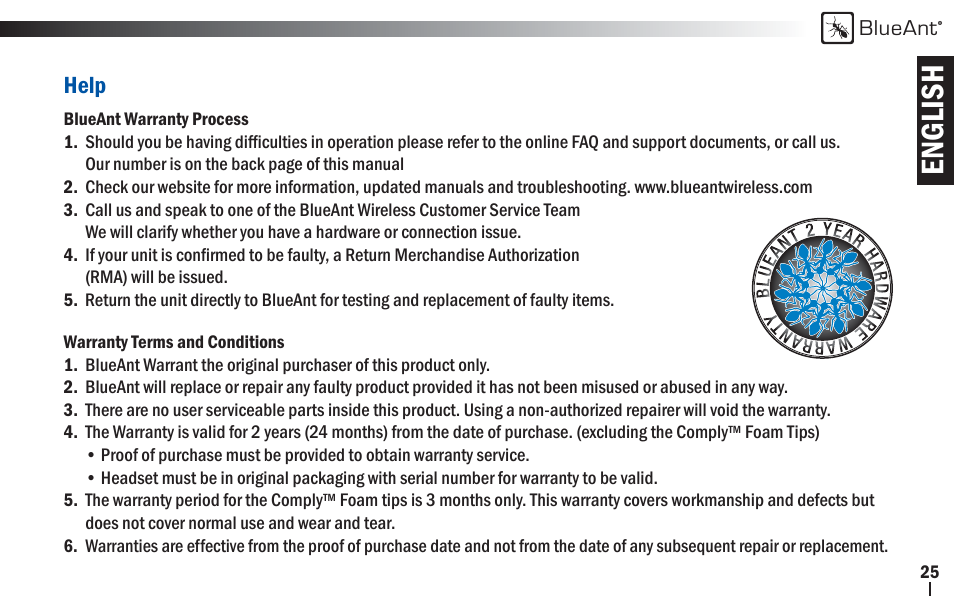 English | BlueAnt V1x Voice Controlled Headset User Manual | Page 25 / 28