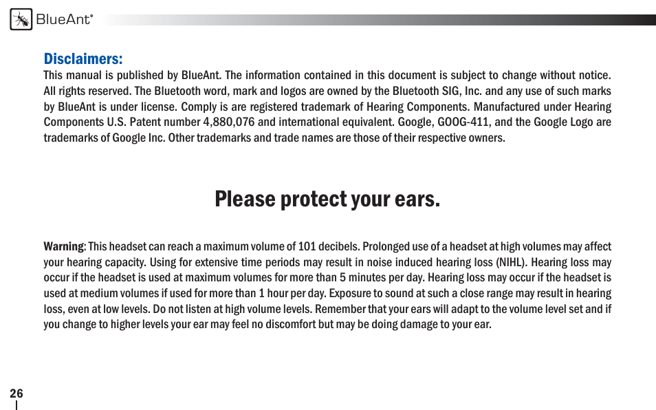 Please protect your ears | BlueAnt V1x Voice Controlled Headset User Manual | Page 26 / 28