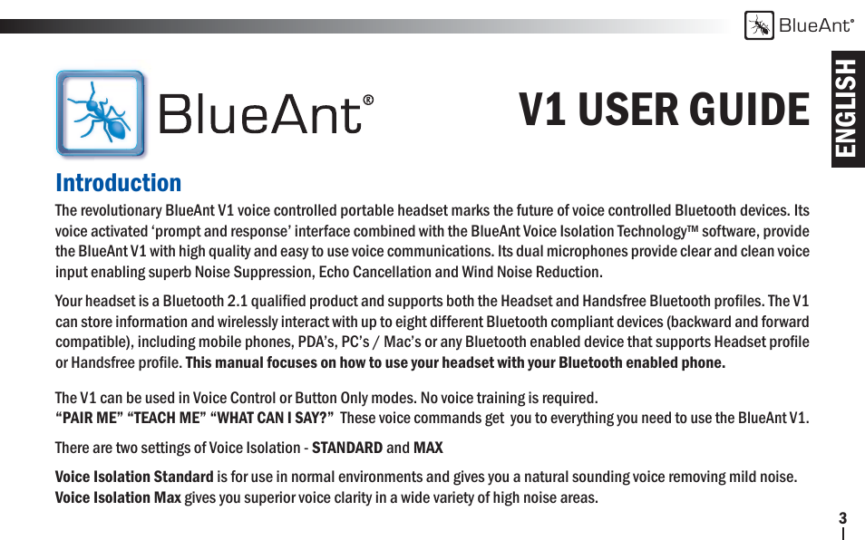 V1 user guide, English | BlueAnt V1x Voice Controlled Headset User Manual | Page 3 / 28