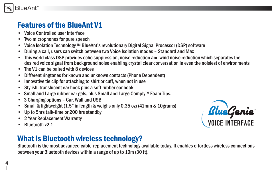 Features of the blueant v1, What is bluetooth wireless technology | BlueAnt V1x Voice Controlled Headset User Manual | Page 4 / 28