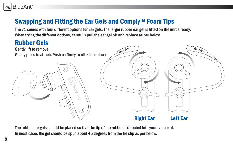 Rubber gels | BlueAnt V1x Voice Controlled Headset User Manual | Page 8 / 28