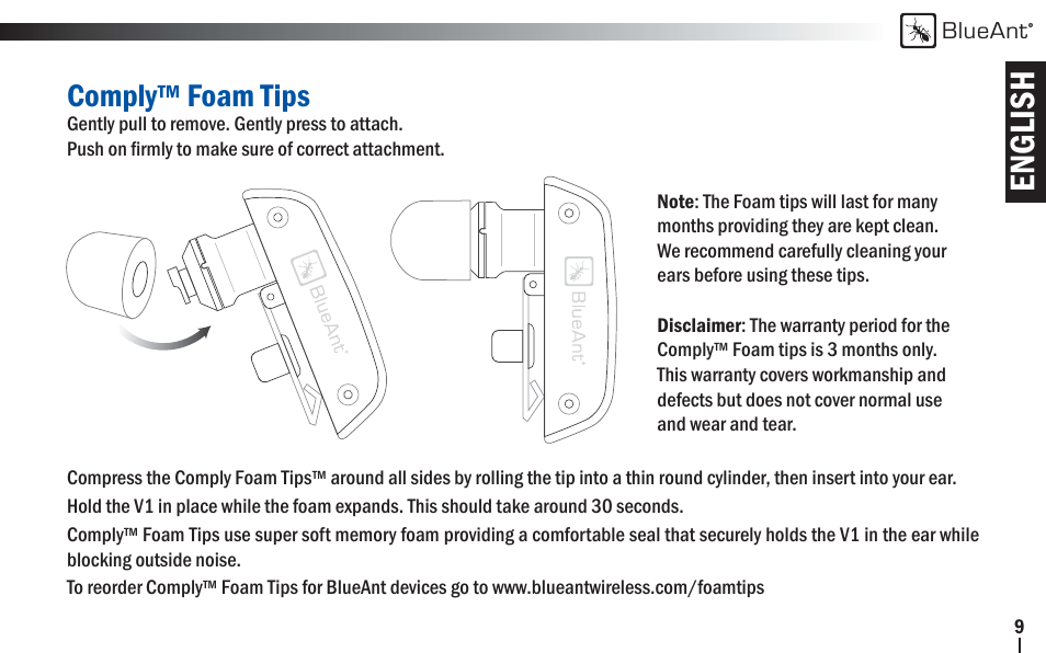 English, Comply™ foam tips | BlueAnt V1x Voice Controlled Headset User Manual | Page 9 / 28