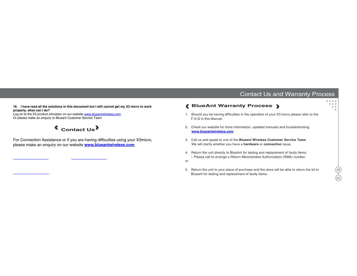 Contact us and warranty process | BlueAnt X3 Micro Bluetooth Headset User Manual | Page 26 / 27