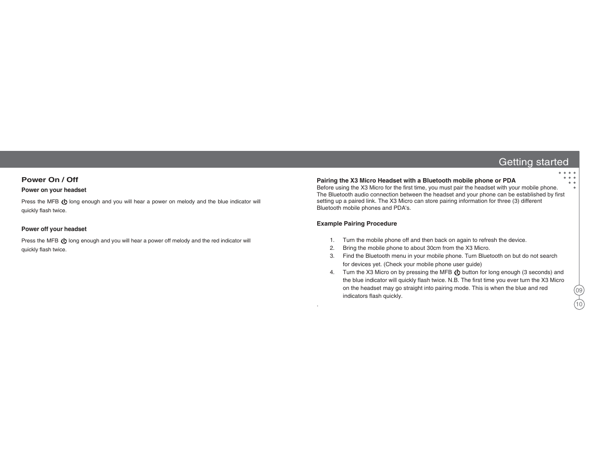 Getting started | BlueAnt X3 Micro Bluetooth Headset User Manual | Page 6 / 27