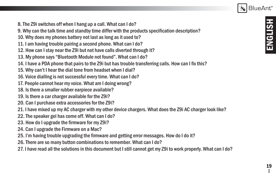 English | BlueAnt Z9i Bluetooth Headset User Manual | Page 19 / 34