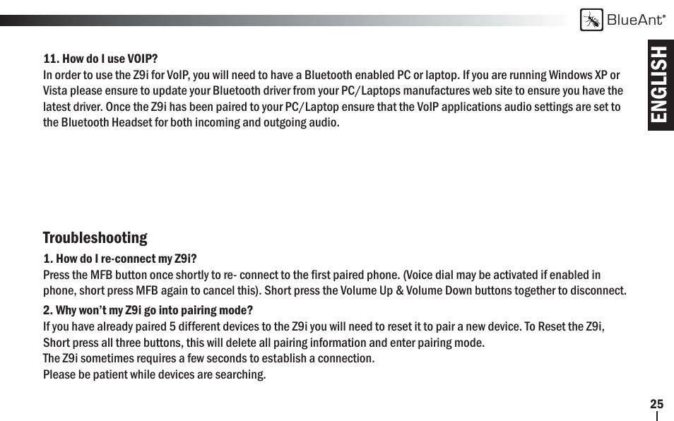 English | BlueAnt Z9i Bluetooth Headset User Manual | Page 25 / 34