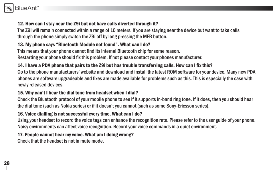 BlueAnt Z9i Bluetooth Headset User Manual | Page 28 / 34