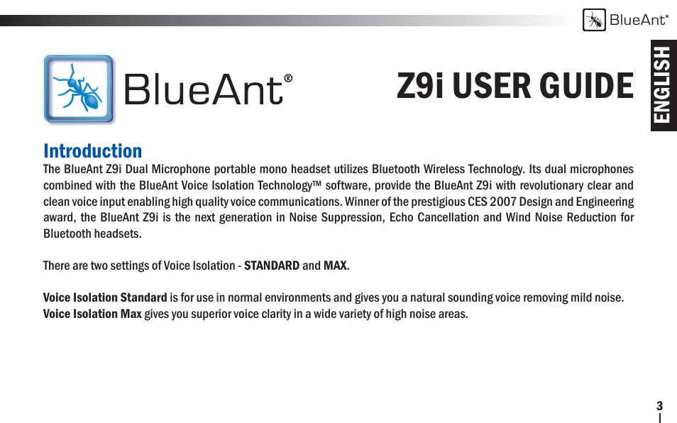 Z9i user guide, English | BlueAnt Z9i Bluetooth Headset User Manual | Page 3 / 34
