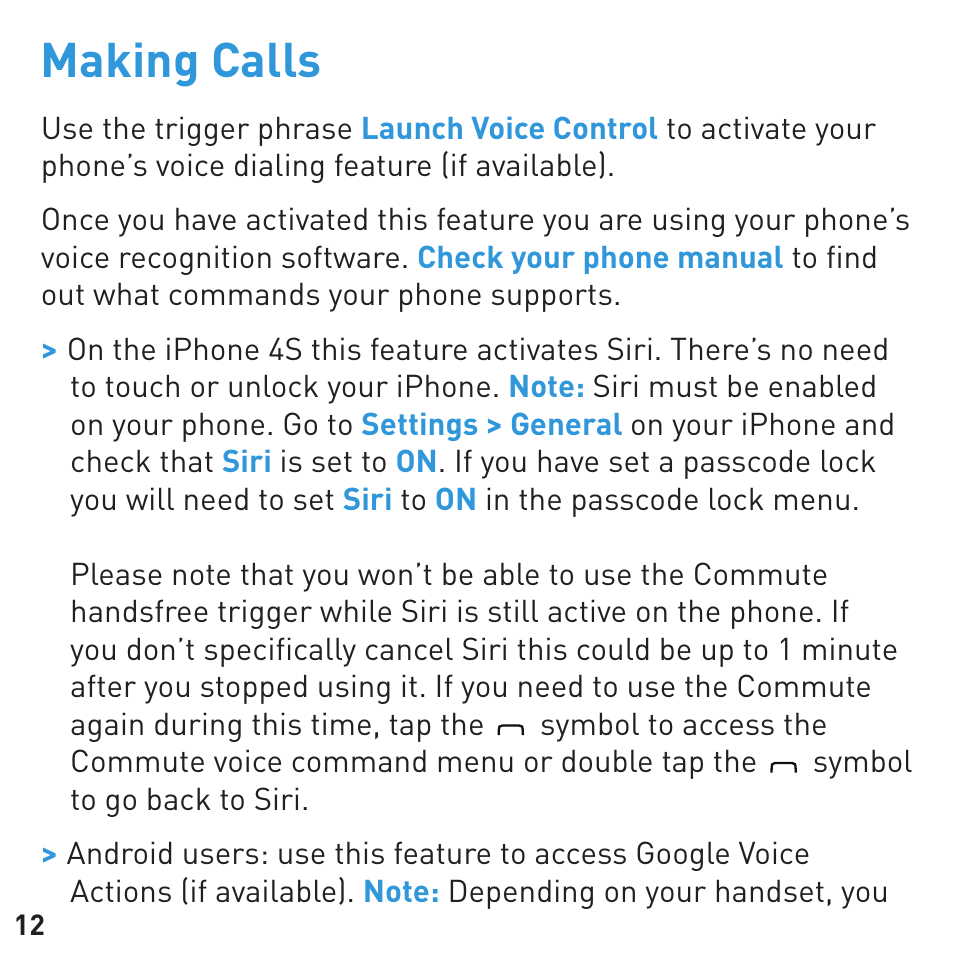 Making calls | BlueAnt COMMUTE Voice Activated Handsfree User Manual | Page 12 / 32