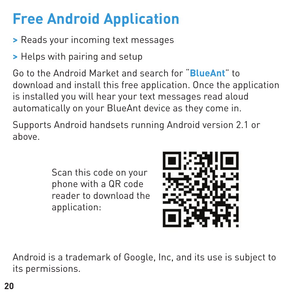 Free android application | BlueAnt COMMUTE Voice Activated Handsfree User Manual | Page 20 / 32