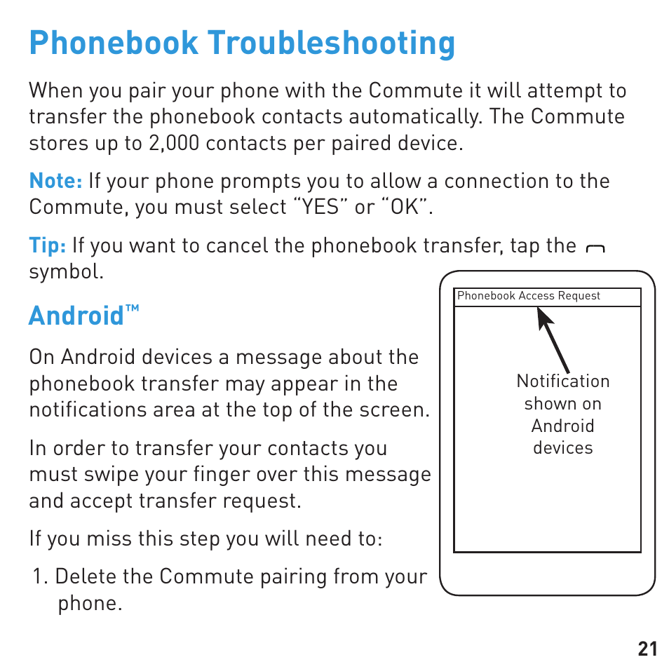 Phonebook troubleshooting, Android | BlueAnt COMMUTE Voice Activated Handsfree User Manual | Page 21 / 32