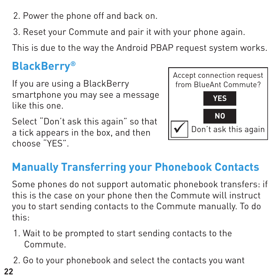 Blackberry, Manually transferring your phonebook contacts | BlueAnt COMMUTE Voice Activated Handsfree User Manual | Page 22 / 32