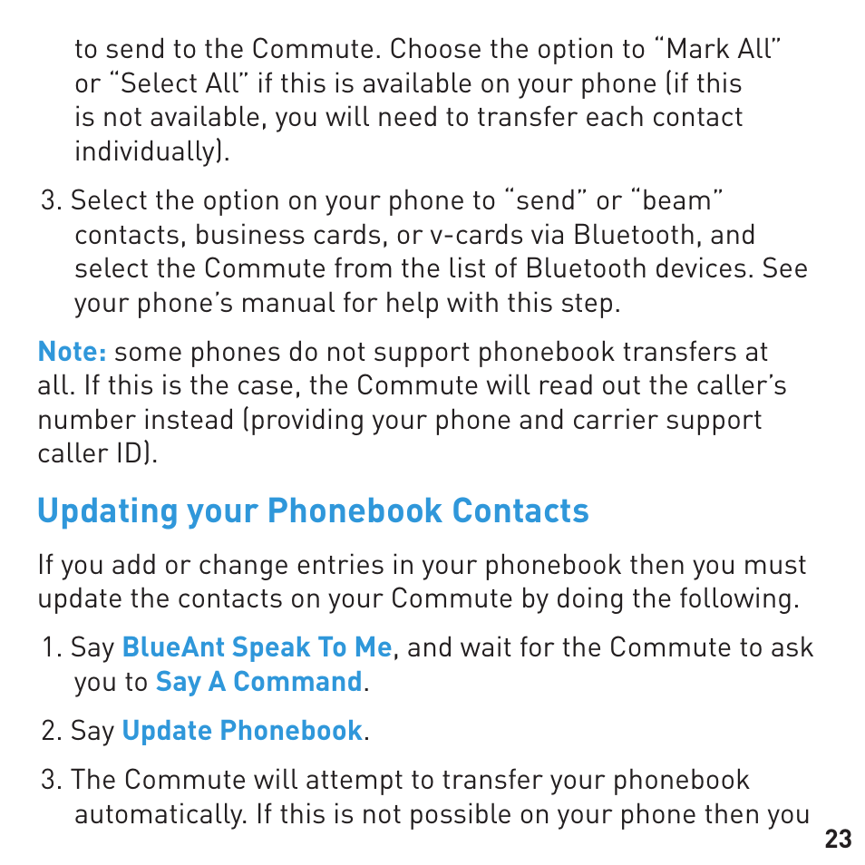 Updating your phonebook contacts | BlueAnt COMMUTE Voice Activated Handsfree User Manual | Page 23 / 32