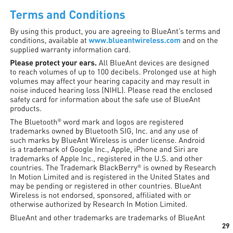 Terms and conditions | BlueAnt COMMUTE Voice Activated Handsfree User Manual | Page 29 / 32
