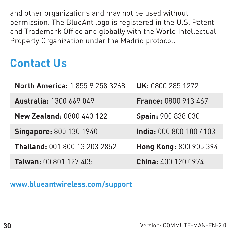 Contact us | BlueAnt COMMUTE Voice Activated Handsfree User Manual | Page 30 / 32
