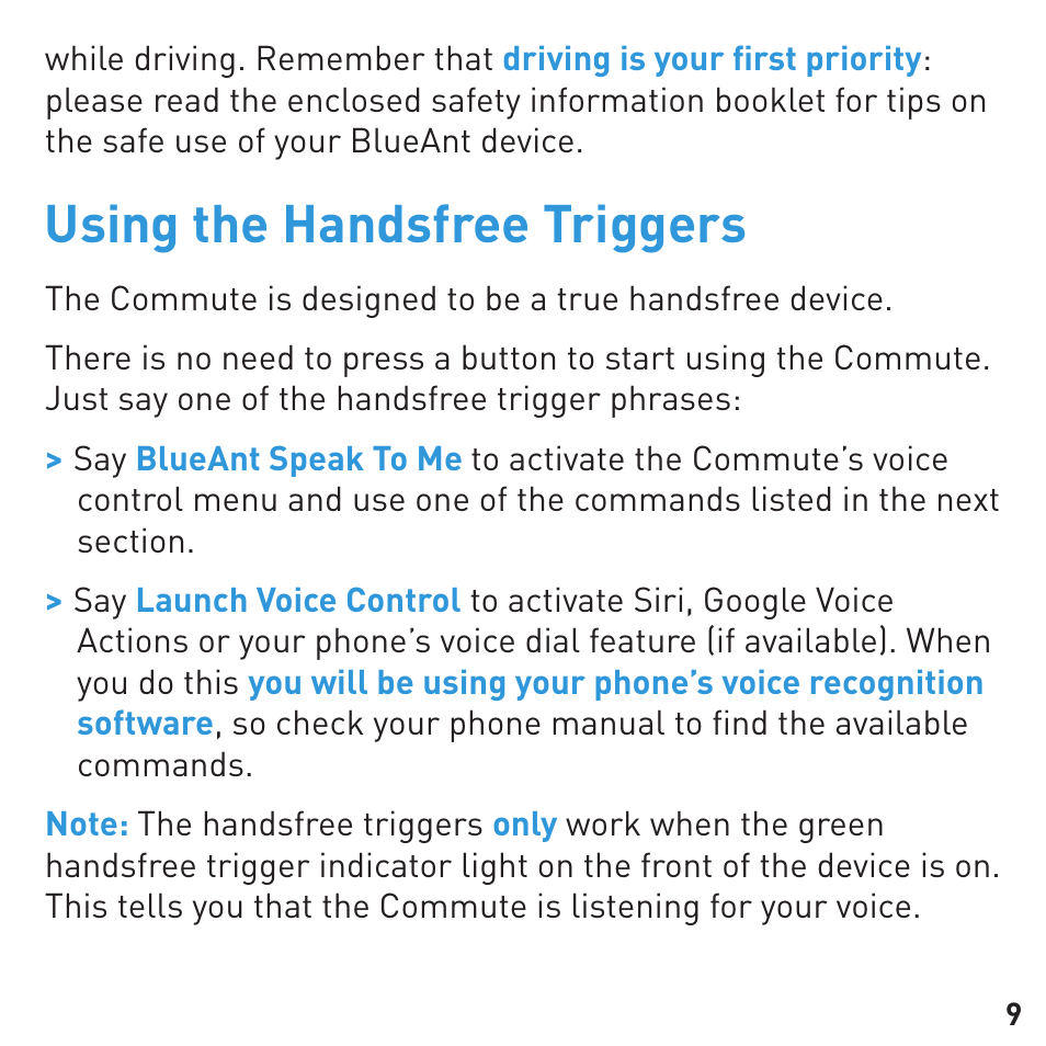 Using the handsfree triggers | BlueAnt COMMUTE Voice Activated Handsfree User Manual | Page 9 / 32