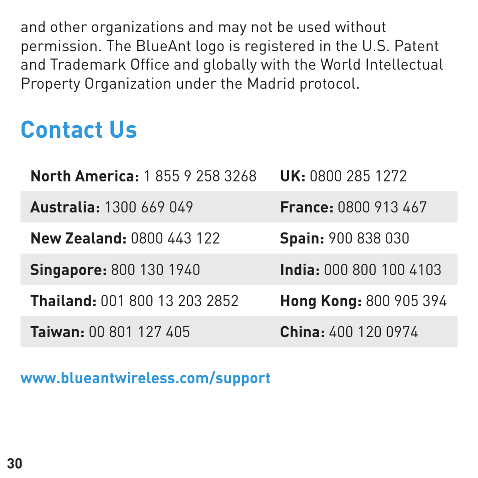 Contact us | BlueAnt COMMUTE Voice Activated Handsfree User Manual | Page 30 / 96