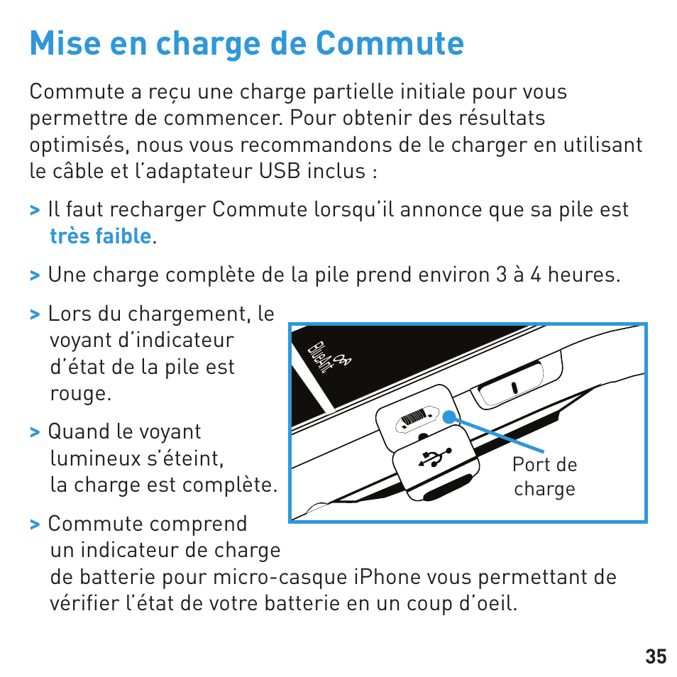 Mise en charge de commute | BlueAnt COMMUTE Voice Activated Handsfree User Manual | Page 35 / 96
