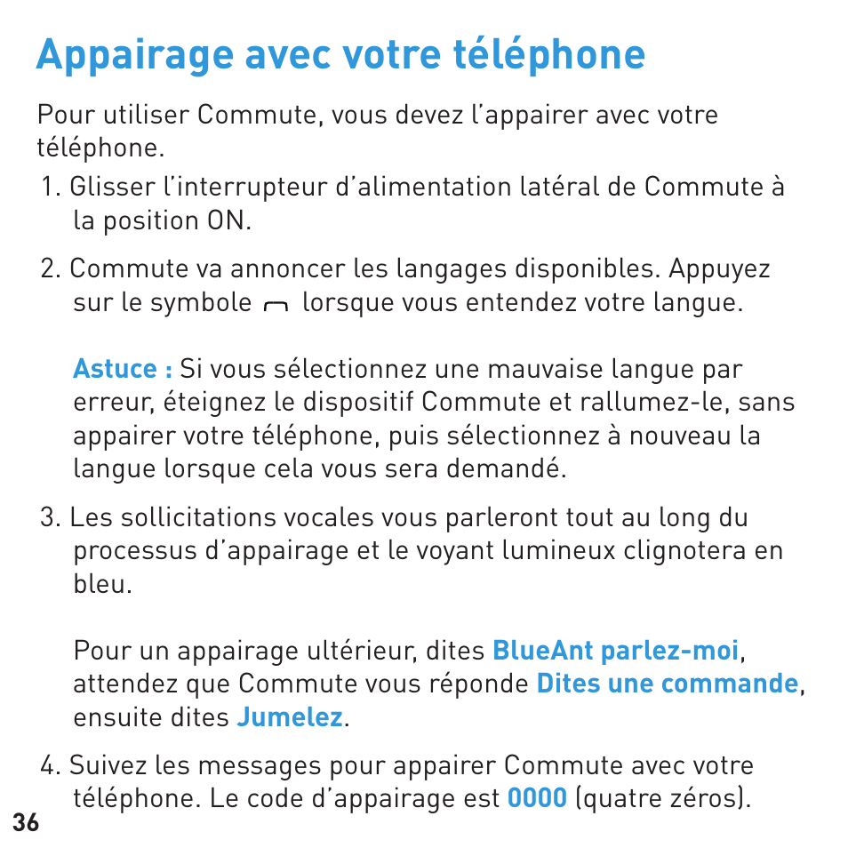 Appairage avec votre téléphone | BlueAnt COMMUTE Voice Activated Handsfree User Manual | Page 36 / 96