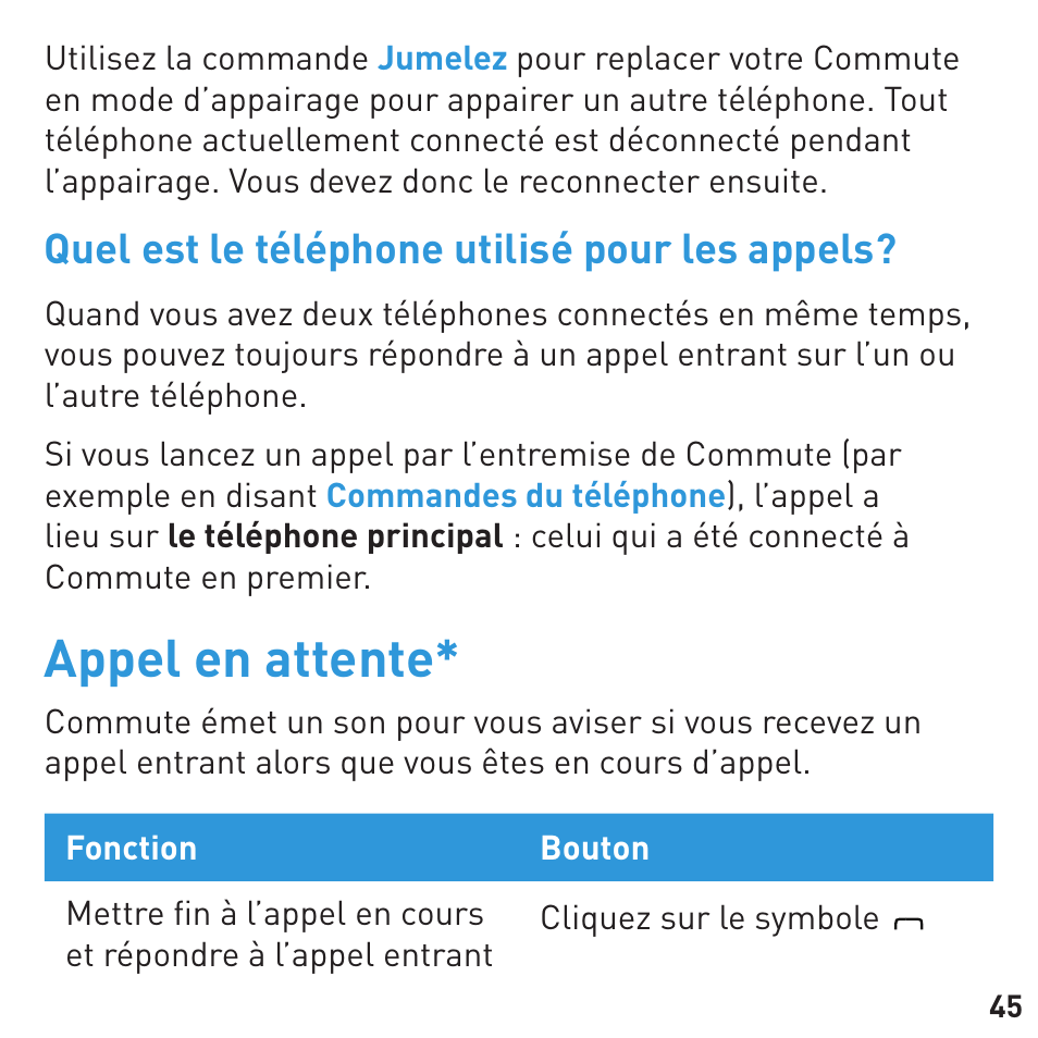 Appel en attente, Quel est le téléphone utilisé pour les appels | BlueAnt COMMUTE Voice Activated Handsfree User Manual | Page 45 / 96