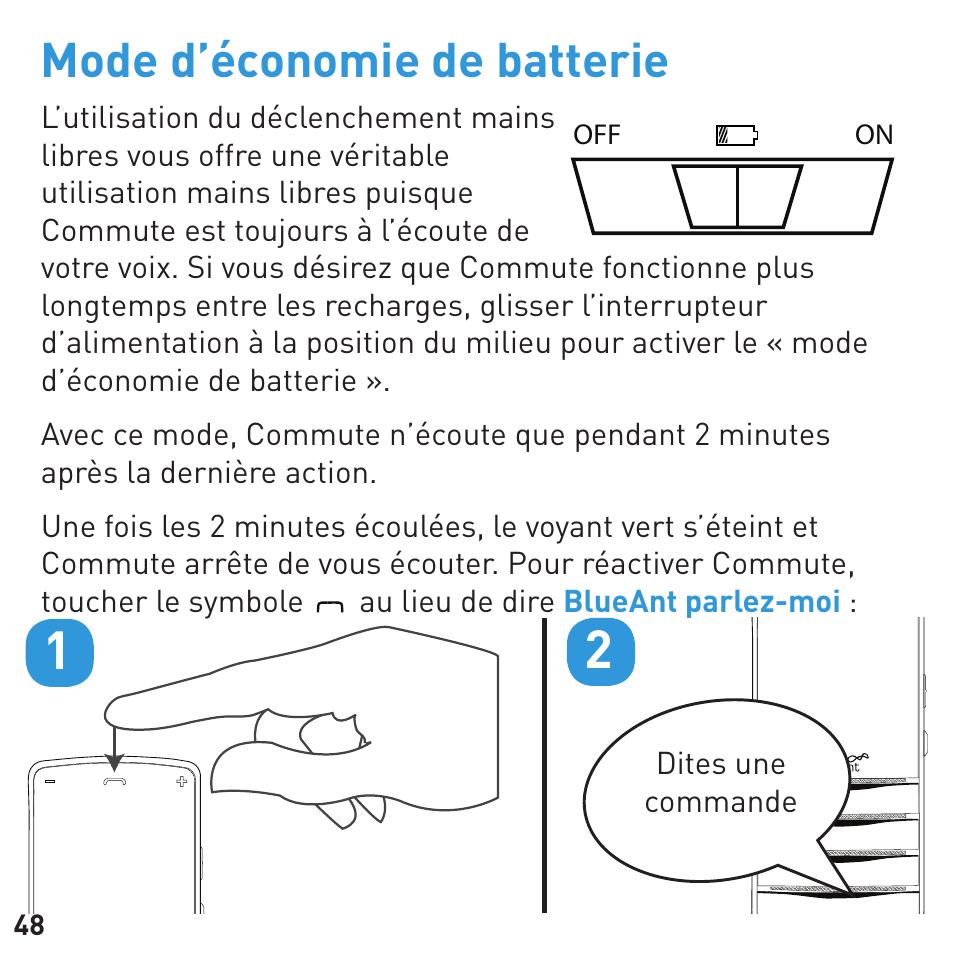 Mode d’économie de batterie | BlueAnt COMMUTE Voice Activated Handsfree User Manual | Page 48 / 96