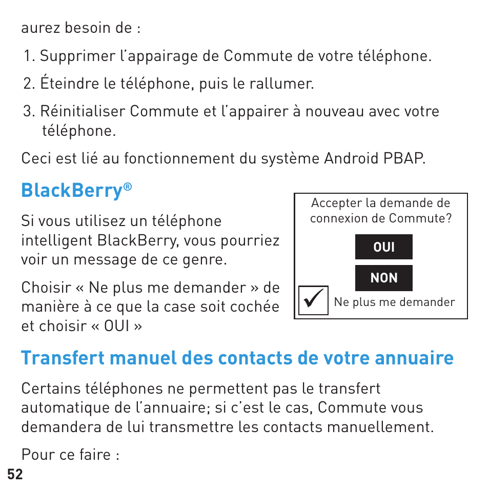 Blackberry, Transfert manuel des contacts de votre annuaire | BlueAnt COMMUTE Voice Activated Handsfree User Manual | Page 52 / 96