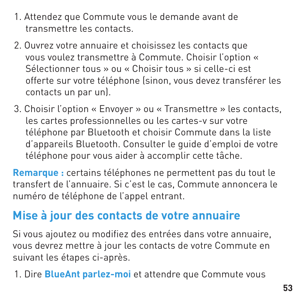 Mise à jour des contacts de votre annuaire | BlueAnt COMMUTE Voice Activated Handsfree User Manual | Page 53 / 96