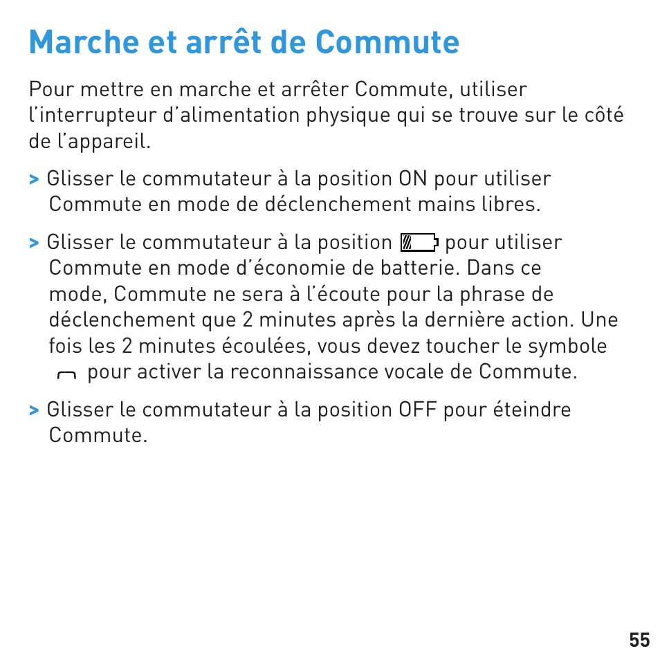 Marche et arrêt de commute | BlueAnt COMMUTE Voice Activated Handsfree User Manual | Page 55 / 96