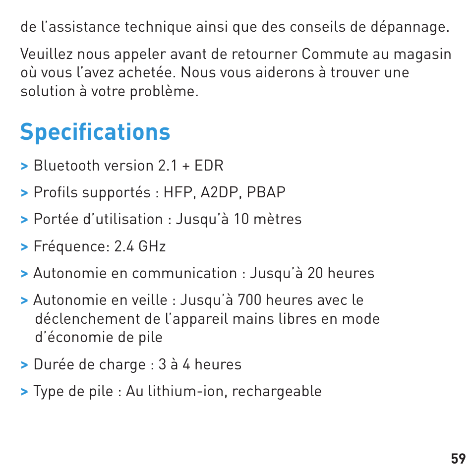 Speciﬁ cations | BlueAnt COMMUTE Voice Activated Handsfree User Manual | Page 59 / 96