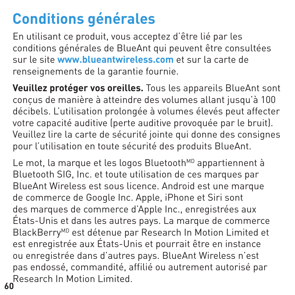 Conditions générales | BlueAnt COMMUTE Voice Activated Handsfree User Manual | Page 60 / 96
