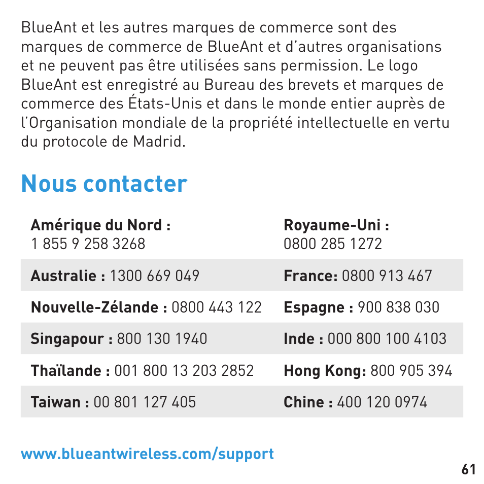 Nous contacter | BlueAnt COMMUTE Voice Activated Handsfree User Manual | Page 61 / 96