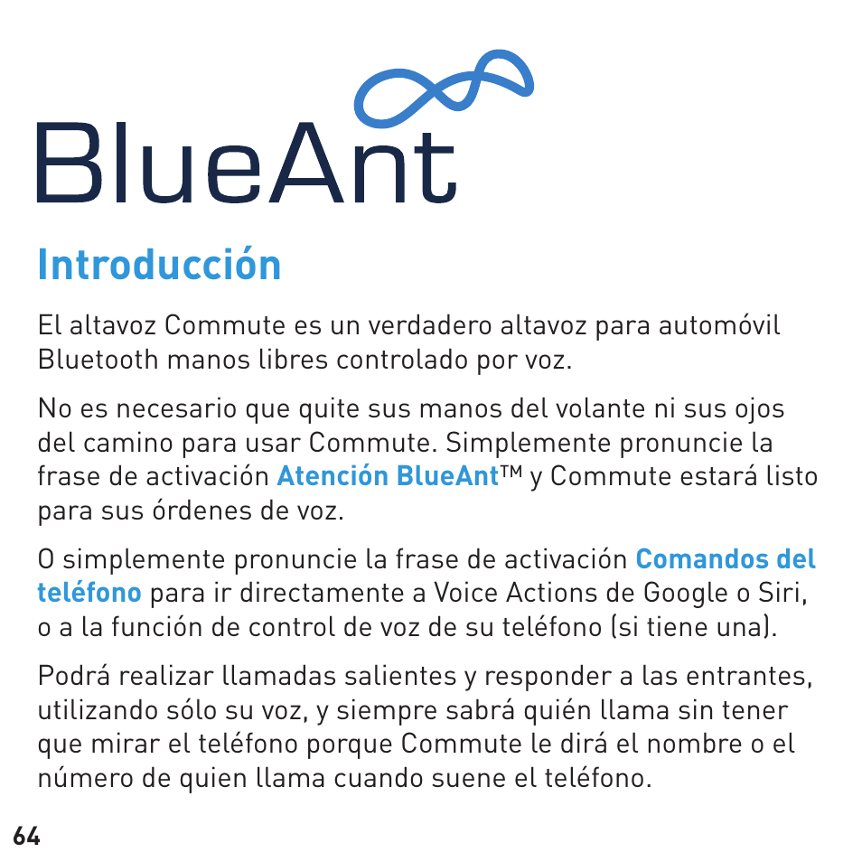 Introducción | BlueAnt COMMUTE Voice Activated Handsfree User Manual | Page 64 / 96