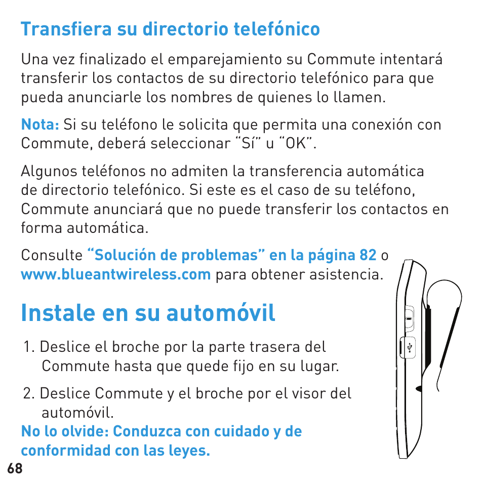 Instale en su automóvil, Transﬁ era su directorio telefónico | BlueAnt COMMUTE Voice Activated Handsfree User Manual | Page 68 / 96