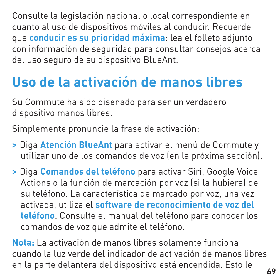 Uso de la activación de manos libres | BlueAnt COMMUTE Voice Activated Handsfree User Manual | Page 69 / 96
