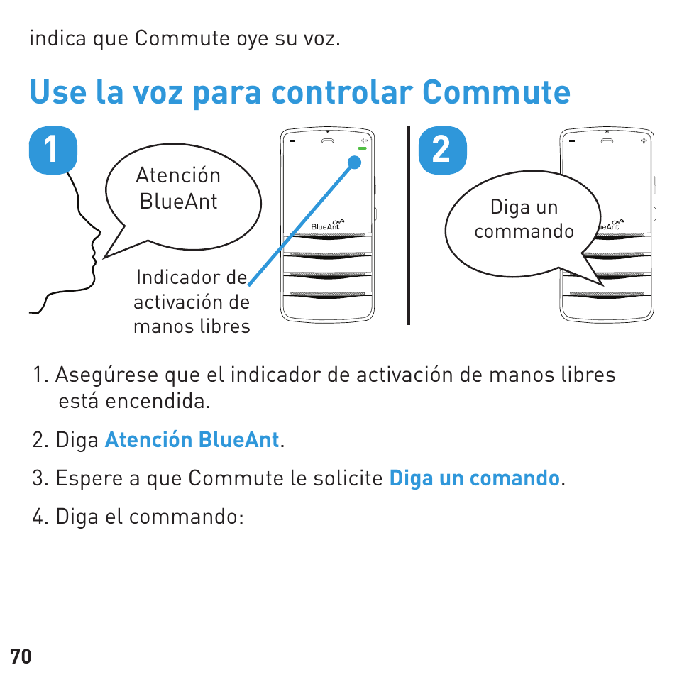Use la voz para controlar commute | BlueAnt COMMUTE Voice Activated Handsfree User Manual | Page 70 / 96