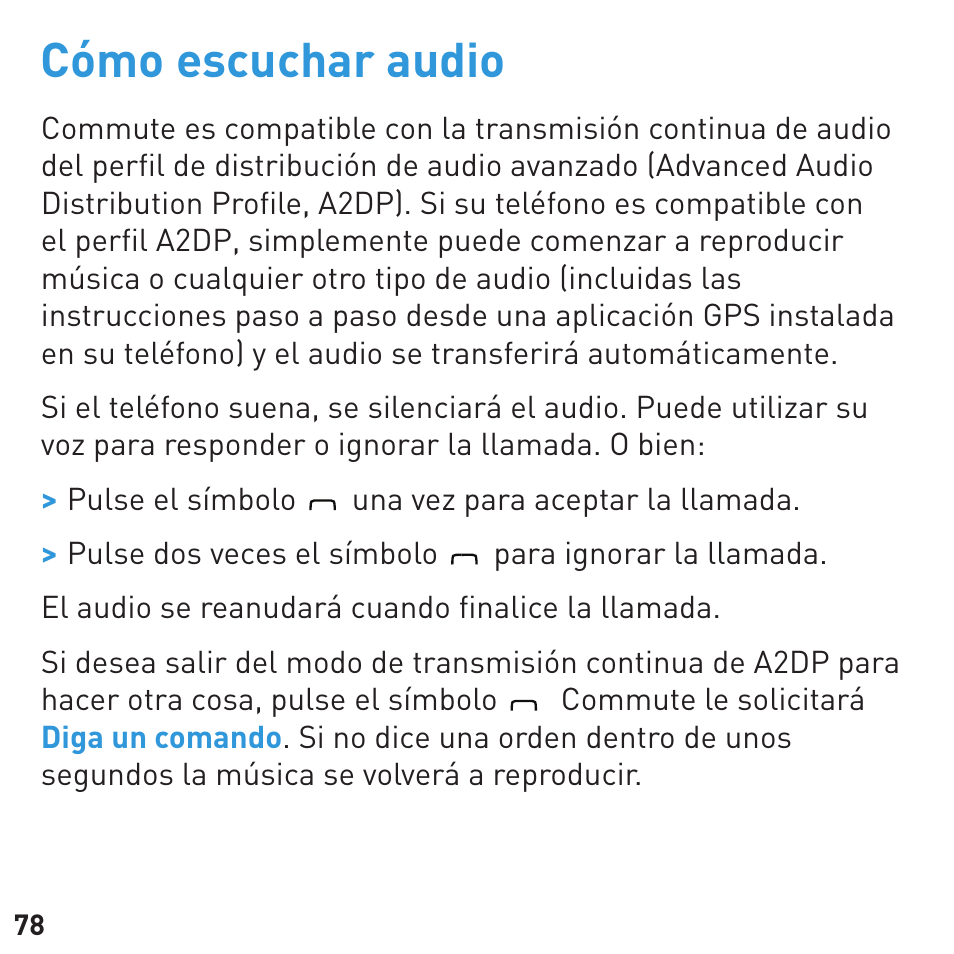 Cómo escuchar audio | BlueAnt COMMUTE Voice Activated Handsfree User Manual | Page 78 / 96