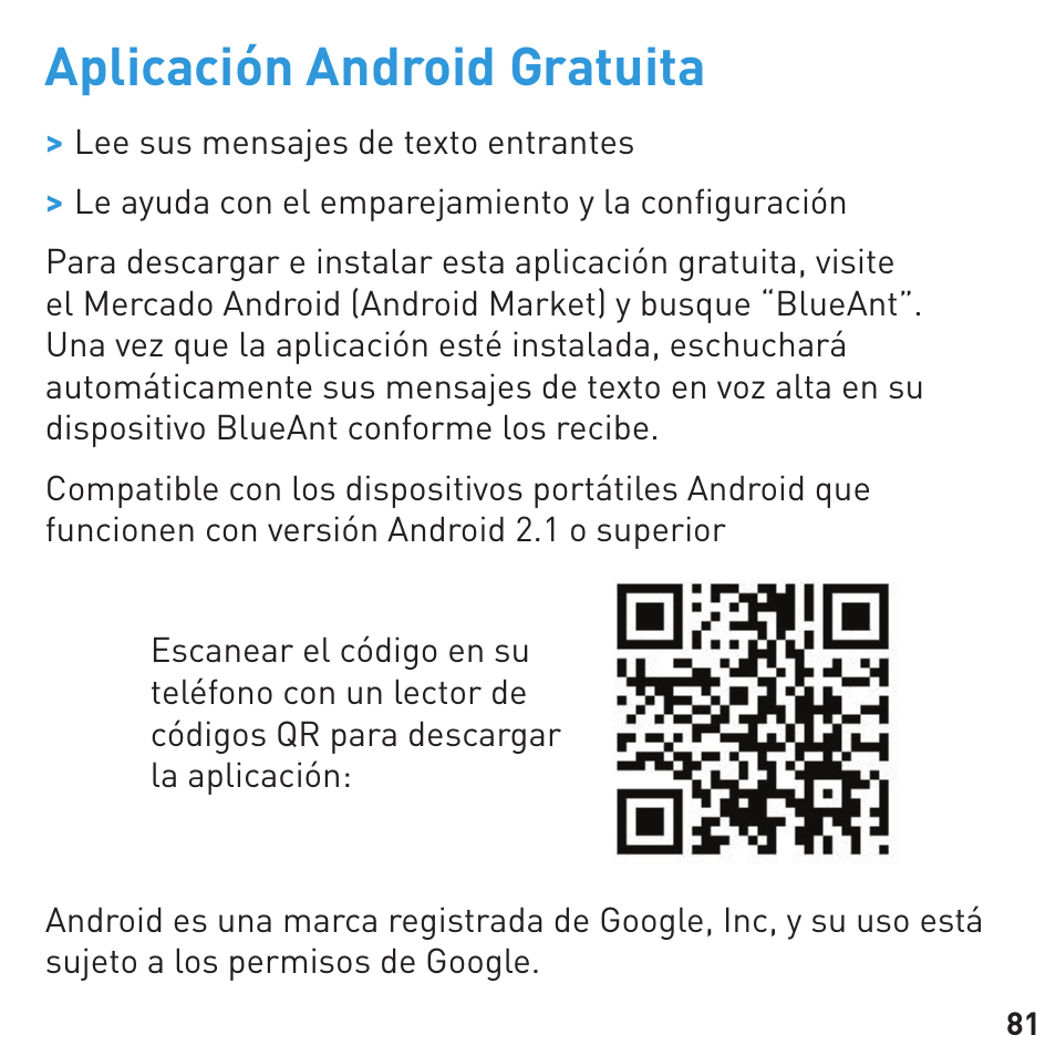 Aplicación android gratuita | BlueAnt COMMUTE Voice Activated Handsfree User Manual | Page 81 / 96
