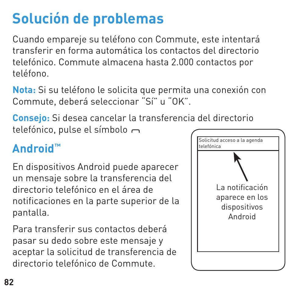 Solución de problemas, Android | BlueAnt COMMUTE Voice Activated Handsfree User Manual | Page 82 / 96