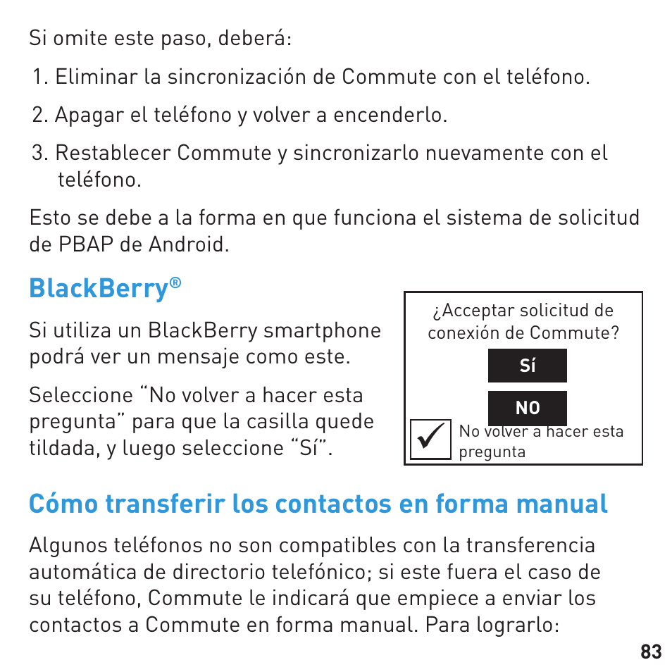 Blackberry, Cómo transferir los contactos en forma manual | BlueAnt COMMUTE Voice Activated Handsfree User Manual | Page 83 / 96