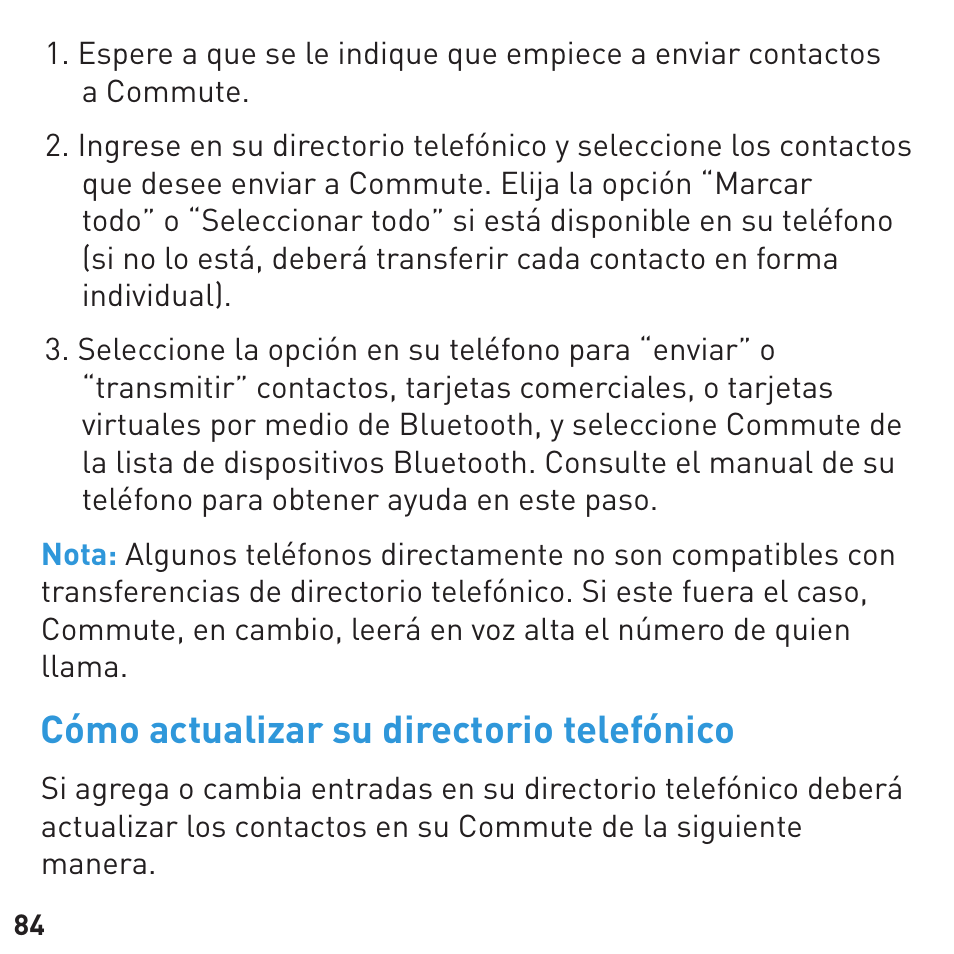 Cómo actualizar su directorio telefónico | BlueAnt COMMUTE Voice Activated Handsfree User Manual | Page 84 / 96