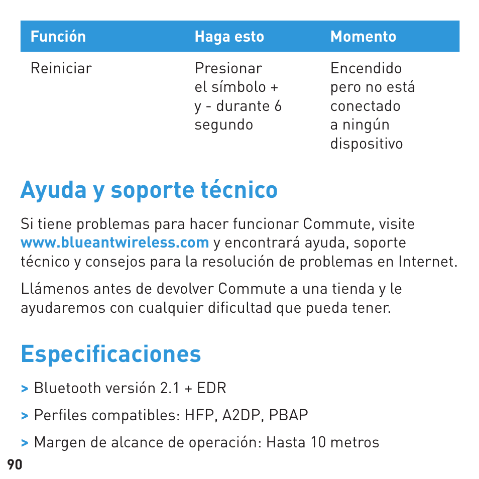 Ayuda y soporte técnico, Especiﬁ caciones | BlueAnt COMMUTE Voice Activated Handsfree User Manual | Page 90 / 96